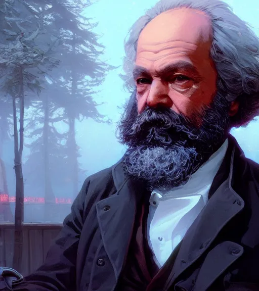 Image similar to highly detailed portrait karl marx in gta v, stephen bliss, unreal engine, fantasy art by greg rutkowski, loish, rhads, ferdinand knab, makoto shinkai and lois van baarle, ilya kuvshinov, rossdraws, tom bagshaw, global illumination, radiant light, detailed and intricate environment, guns, muscles, atlantic