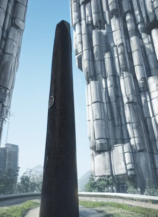 Image similar to highly detailed render of a high tech futuristic tall stele standing on the road ring made in unreal engine 4