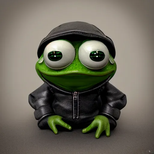 Image similar to perfectly accurate miniature figure of pepe the frog wearing jeans and a black leather jacket, soft textures, skin texture, clothing, 3d sculpture, textured, fine detail, lifelike, photo, high resolution, octane render, post processing, after effects, trending on artstation