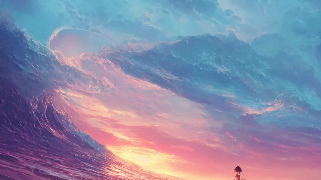 Prompt: a pink beach with impossibly large waves crashing against the shoreline, beautiful twilight sunset background, by sylvain sarrailh, rossdraws, ambient light, ultra detailed, fantasy artwork, 8 k, volumetric lighting, trending on artstation, award winning, very beautiful.