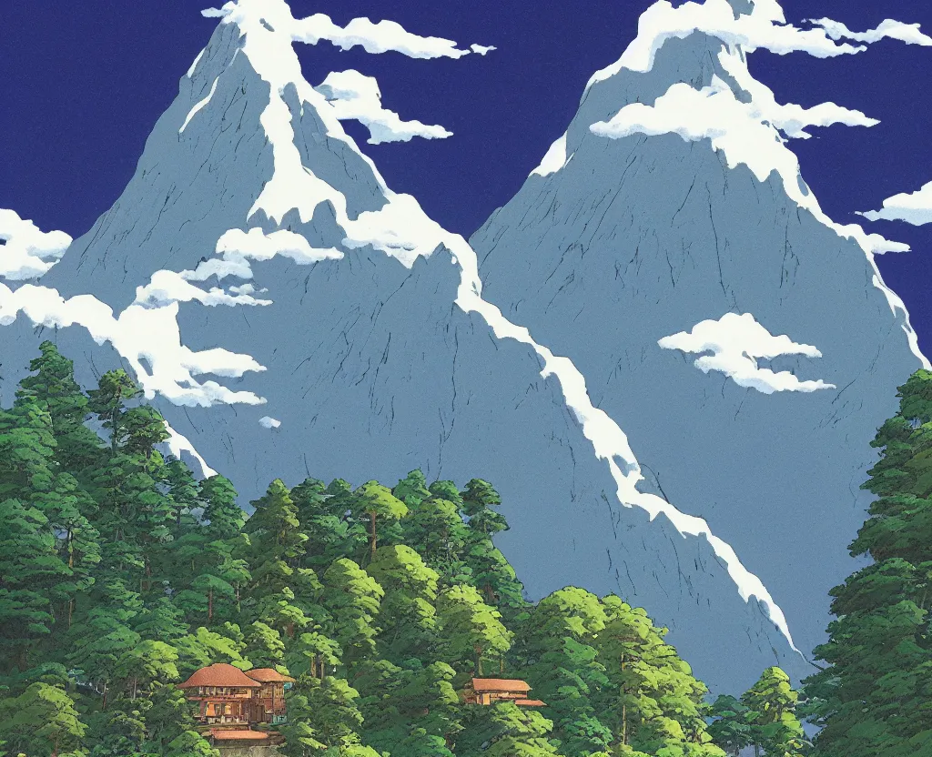 Image similar to a beautiful mountain landscape by studio ghibli