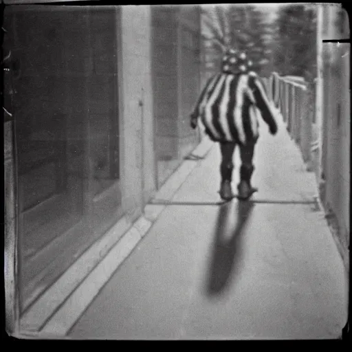 Image similar to a picture of bigfoot wearing a black and white striped ski mask and walking towards a store, taken on a WW2 camera.