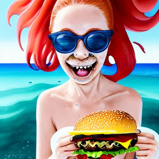 Image similar to Extremely Detailed and Full Portrait scene of Gooey Ocean scene in ink and refined sand, Red head pigtail anime woman with freckles on her face and shades on face. wearing a sundress full body smiling while eating a sloppy cheese burger. The cheeseburger is leaking red sauce all over the place by Akihito Yoshitomi AND Yoji Shinkawa AND Greg Rutkowski, Mark Arian trending on artstation