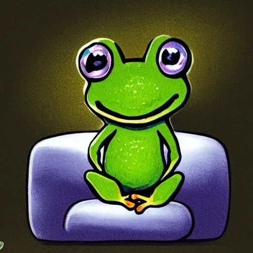 Image similar to peepo the frog, crying!! on bed with laptop, in the style of lo-fi, dramatic,