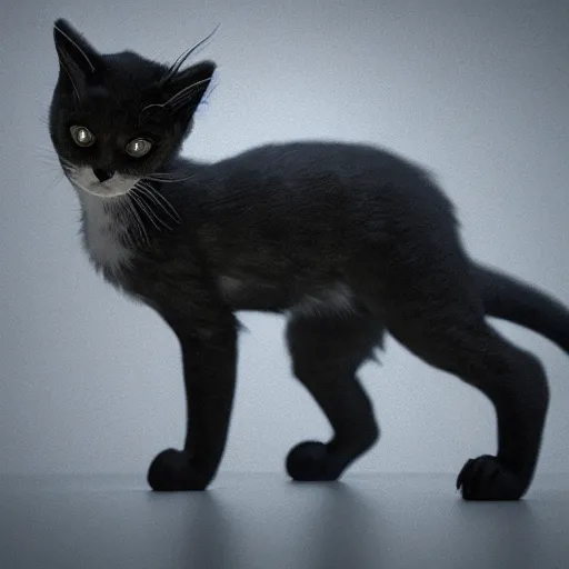 Image similar to full body pose, hyperrealistic photograph of gothic kitten, dim volumetric lighting, 8 k, octane beautifully detailed render, extremely hyper detailed, intricate, epic composition, cinematic lighting, masterpiece, trending on artstation, very very detailed, stunning, hdr, smooth, sharp focus, high resolution, award, winning photo, dslr, 5 0 mm