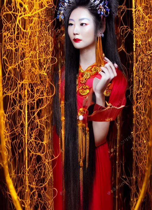 Image similar to photo shoot pose photo of beautiful Chinese ancient princess standing in the corridor in the space ship, symmetrical face, big eyes and lips, looking down, subtle makeup, clean face and body skin,ecstatic expression, ornamental jewelry and ancient translucent clothes, futuristic space ship interrior, wires with lights,depth of field, lens flares, dust in the air, moody lighting, intricate, elegant, highly detailed, centered, smooth, sharp focus, Donato Giancola, Joseph Christian Leyendecker, WLOP, Boris Vallejo, Artgerm moody photography, old photo, black and white, sepia, cinematic lighting, cinematic angle, editorial photography