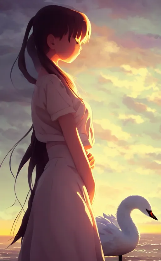 Image similar to front portrait of cute girl hugging a white swan, sunset sky in background, beach landscape, illustration concept art anime key visual trending pixiv fanbox by wlop and greg rutkowski and makoto shinkai and studio ghibli and kyoto animation, futuristic wheelchair, symmetrical facial features, backlit