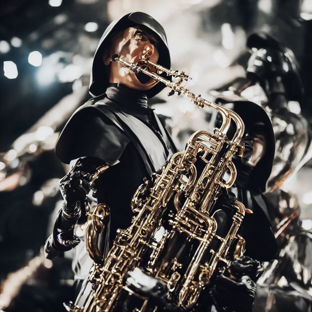 Prompt: high quality photo of darth playing the saxophone, photography 4k, f1.8 anamorphic, bokeh, 4k, Canon, Nikon