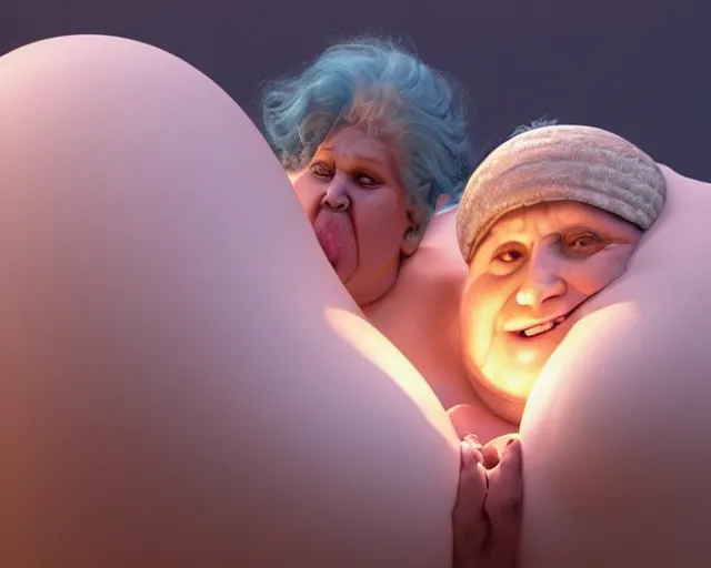 Image similar to of a very beautiful scene. ambient occlusion render. a sweet fat old woman is giving birth a beautiful colorful huge egg. hyper realistic. 4 k. wide angle. wild. symmetrical face, red mouth, blue eyes. deep focus, lovely scene. ambient occlusion render. concept art. unreal engine.