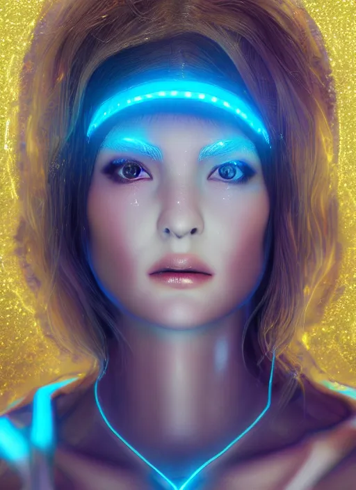 Image similar to glowwave girl portrait, gold detailed, mel from arcane, hyper detailed, 3 / 4 shot, digital art, trending in artstation, cinematic lighting, studio quality, smooth render, unreal engine 5 rendered, octane rendered, art style by klimt and nixeu and ian sprigger and wlop and krenz cushart, none crop, full face