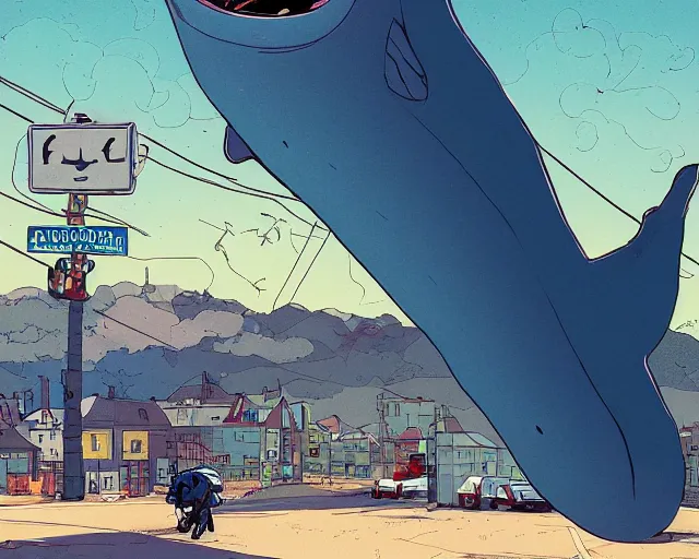 Image similar to a study of cell shaded cartoon of a flying blue whale on a country road, street lamps, road, illustration, wide shot, subtle colors, post grunge, concept art by josan gonzales and wlop, by james jean, Victo ngai, David Rubín, Mike Mignola, Laurie Greasley, highly detailed, sharp focus, alien, Trending on Artstation, HQ, deviantart, art by artgem