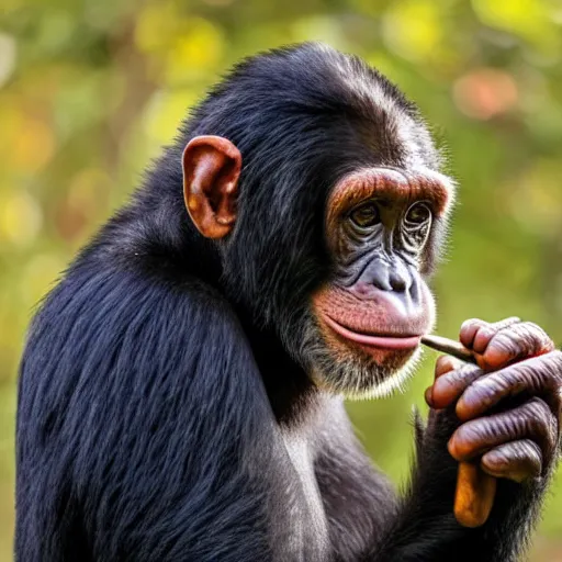 Image similar to a high detail closeup shot of a chimp wearing a suit and smoking a cigar