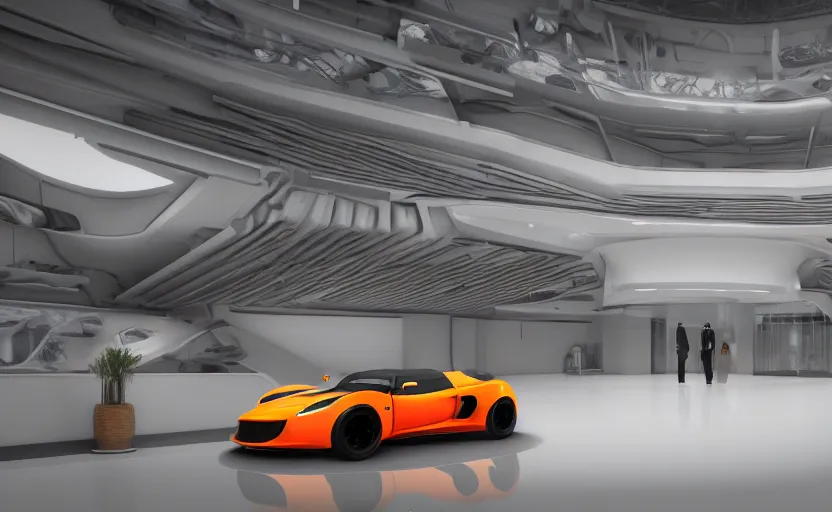 Image similar to futuristic lotus exige ( ( orange ) ) parked within interior view of futuristic auto showroom ( ( frank lloyd wright ) ) luminescent concept art, unreal engine 5, artstation highly detailed, digital art, 8 k hdr, soft lighting, hyperrealistic, godrays