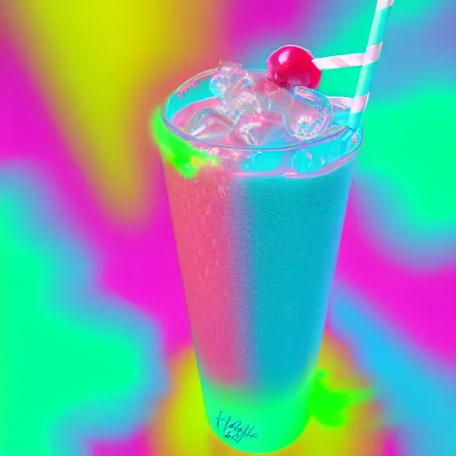 Image similar to cherry limeade smoothie in a big gulp cup, intricate complexity, neon rainbow drip paint, trending on art station, photoreal, surrealist neon drip, 8 k, octane render