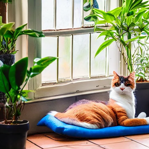 Image similar to old calico cat laying in the sun on thin blue cushion in bay window next to potted plants, professional photography