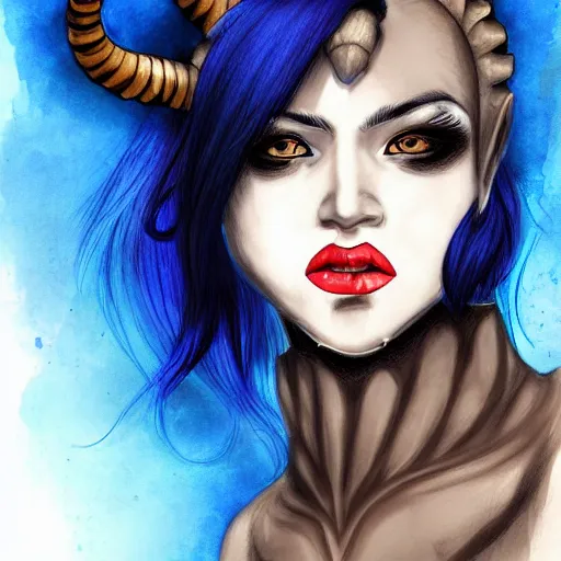 Image similar to illustrated portrait of ram-horned devil woman with blue bob hairstyle and #FFA500 colored skin and with solid black eyes wearing leather by rossdraws