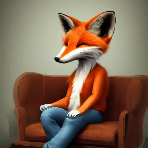 Prompt: an anthropomorphic fox wearing a t-shirt and jeans sitting on a couch, 8k resolution matte fantasy painting, cinematic lighting, DeviantArt, Artstation, furry, anthro, anthropomorphic