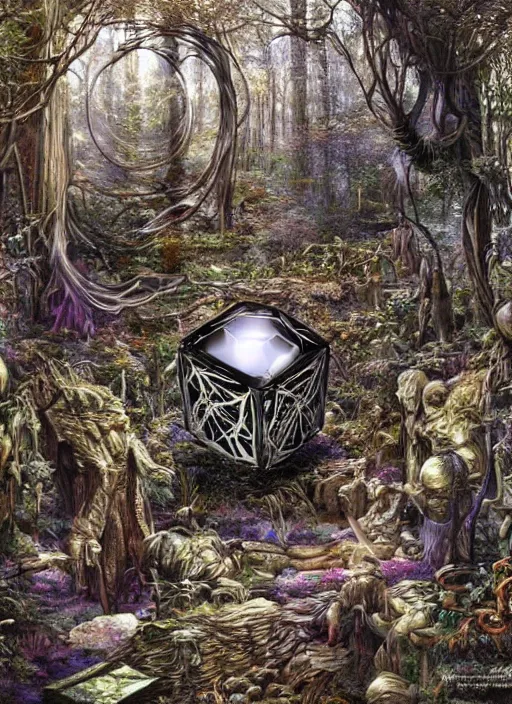 Image similar to a crystal cube in a forest, highly detailed, intricate, concept art, art station, cinematic light, realistic, ethereal light, art by H.R. Giger and sorayama