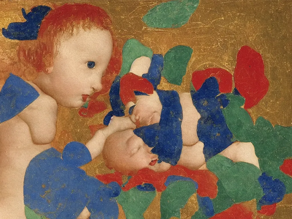 Image similar to close up of baby in a box. lapis lazuli, malachite, cinnabar, gold. painting by piero della francesca, balthus, agnes pelton