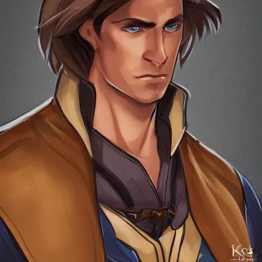 Prompt: a young man with shoulder length brown hair, with a scar on his forehead. blue uniform. serious expression, handsome, rugged, kaladin stormblessed, way of kings, artgerm, portrait, sketch, rpg, dnd