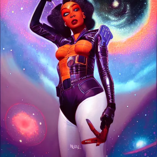 Image similar to black female cyberpunk astronaut in a 1 9 5 0's pinup art, cinematic composition, award winning art, octane render, exploding nebulae, outer space, artwork by norman rockwell