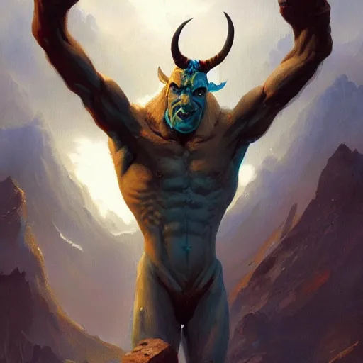 Prompt: masterpiece painting of a slim blue skinned tall orc with horns, featured in artstation, concept art by Greg Rutkowski, WLOP, Dan Mumford, Christophe Vacher