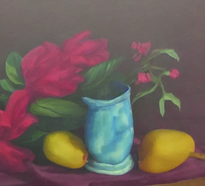 Prompt: a beautiful still life painting by a first-year art student; extraordinary masterpiece!!!!!