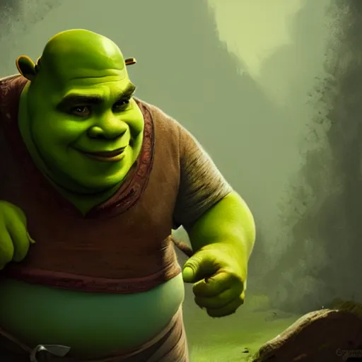 Image similar to handsome shrek is fat, highly detailed, digital painting, artstation, concept art, sharp focus, illustration, art by greg rutkowski and alphonse mucha