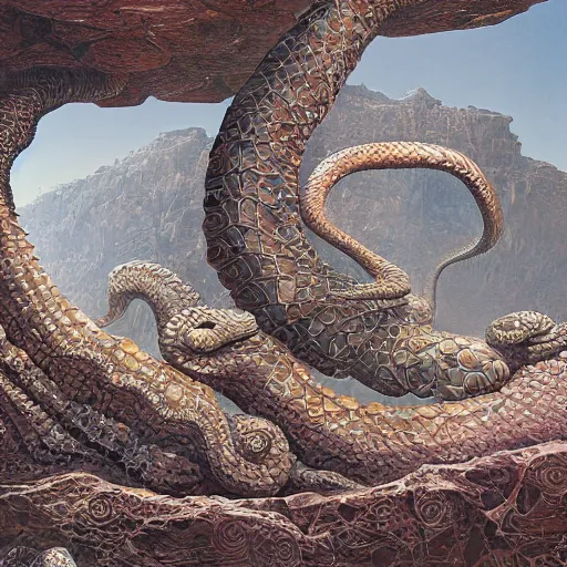 Prompt: desert river serpentine crinoid monster with reptilian iridescent tile scales, maximalist art nouveau, cgsociety, artstation by gustave dore and tyler edlin