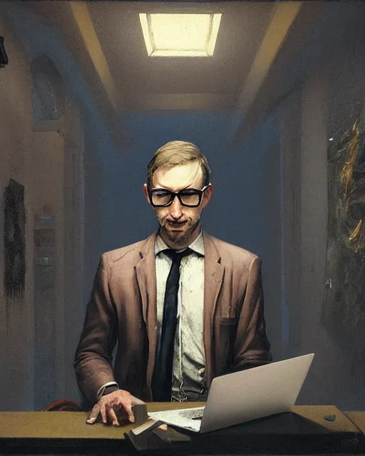 Prompt: a highly detailed epic cinematic concept art CG render digital painting artwork: Man with thin sqare glasses, 27, no beard, macbook pro. By Greg Rutkowski, in the style of Francis Bacon and Syd Mead and Norman Rockwell and Beksinski, open ceiling, highly detailed, painted by Francis Bacon and Edward Hopper, painted by James Gilleard, surrealism, airbrush, Ilya Kuvshinov, WLOP, Stanley Artgerm, very coherent, triadic color scheme, art by Takato Yamamoto and James Jean