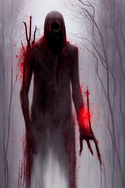 Prompt: tall slender pale humanoid walking in the mist, red eyes, bloody face, creepy, horror, fantasy, bloodcurdling, art by greg rutkowski