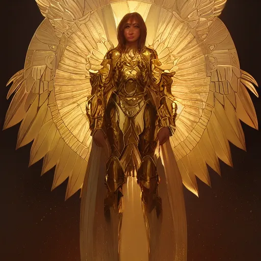 Image similar to Archangel with golden wings, heavy armor, , intricate, headshot, highly detailed, digital painting, artstation, concept art, sharp focus, cinematic lighting, illustration, art by artgerm and greg rutkowski, alphonse mucha, cgsociety