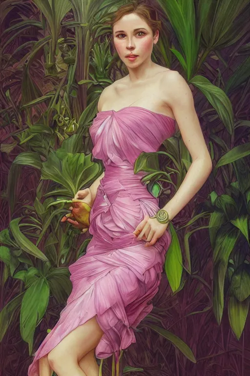 Image similar to ultra realistic illustration, transparant dress, banana plants drawing, pink background, elegant, highly detailed, digital painting, concept art, smooth, sharp focus, illustration, art by artgerm and greg rutkowski and alphonse mucha