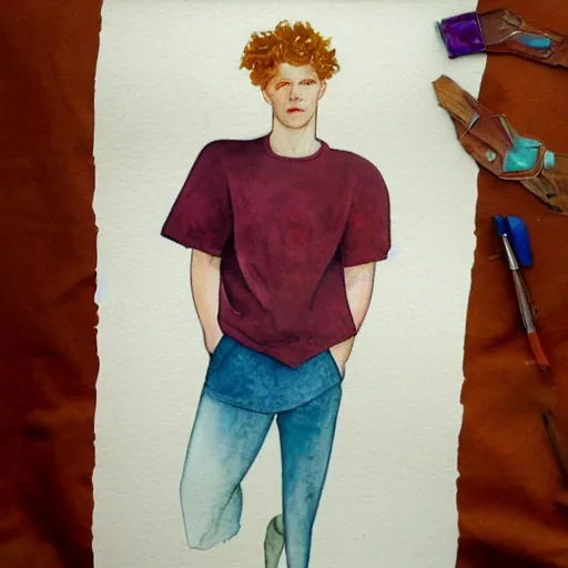 Image similar to abstract experimental watercolor drawing of a young cute handsome beautiful androgynous strawberry blond medium curly hair man in his early 2 0 s wearing a blank maroon t - shirt with grey - blue eyes, by elizabeth peyton and alphonse mucha and vincent van gogh, trending on artstation