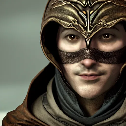 Prompt: a digital art close up portrait of hooded bard with porcelain mask in style of skyrim character, handsome warlock with magic character sheet, 4 k, ultra detail, volumetric lighting, unreal engine, octane render, grimdark