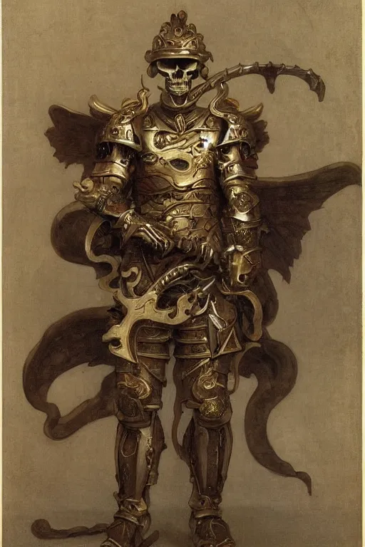 Image similar to portrait of a skeleton with chinese dragon in armor and helmet, majestic, solemn, big sword, wearing helmets and armor with wings, symmetrical, solemn, sacred, aura, by bouguereau