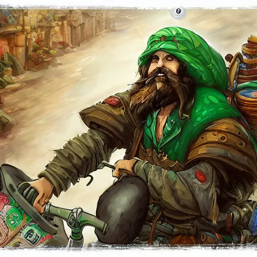 Image similar to a bearded and long haired bicycle food delivery worker with a green bag on his back in Europe, hearthstone art style, epic fantasy style art by kim jung gi, fantasy epic digital art