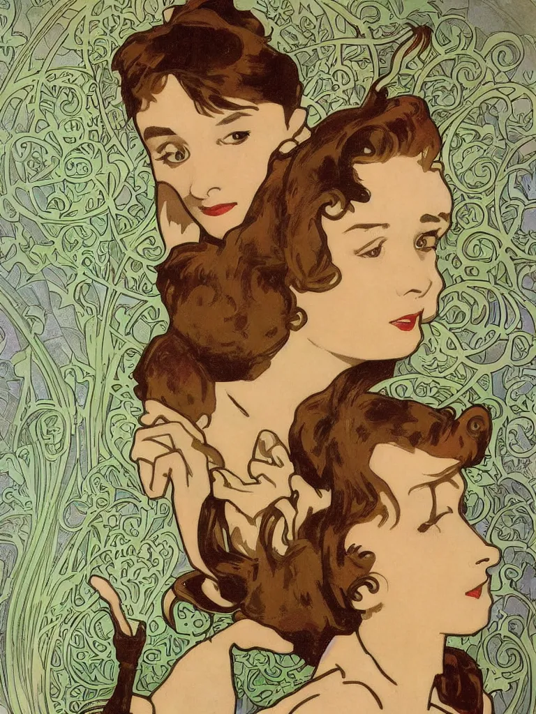 Prompt: three quarter shot audrey hepburn in breakfast at tiffany's by alphonse mucha, art nouveau