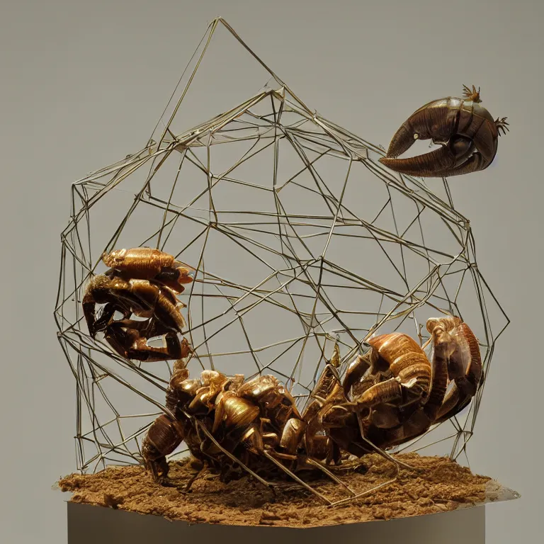 Prompt: hyperrealistic sculpture of a bronze fossilized hermit crab in a cage made of low poly acrylic on a pedestal by ron mueck and duane hanson and lee bontecou, hyperrealistic dramatic colored lighting trending on artstation 8 k