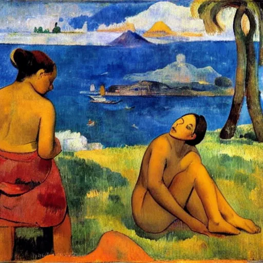 Prompt: Young ladies bathing close to Naples Vesuvio as Paul Gauguin style