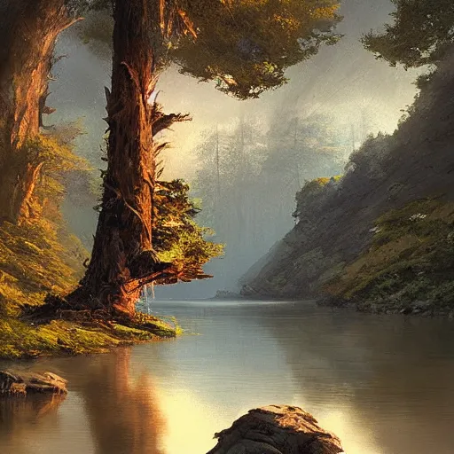 Image similar to a beautiful landscape, river, rocks, trees, by greg rutkowski