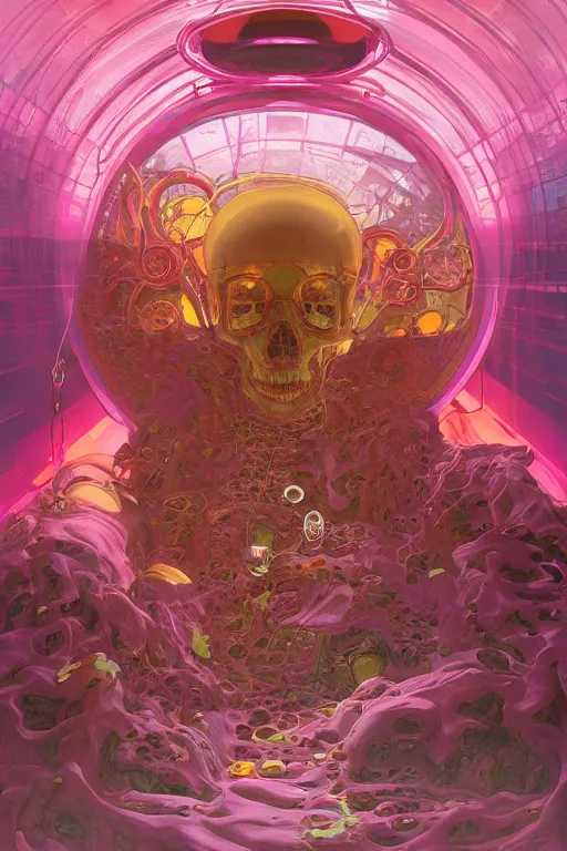 Image similar to interior of a Stomach digesting filled with glowing pink water, Digestion Acid, Skeleton, Cross section, Claustrophobic, seapunk Mecha , vaporwave , digital art, artstation, by WLOP, Ilya repin, alphonse mucha., Very highly detailed 8K, octane, Digital painting, the golden ratio,