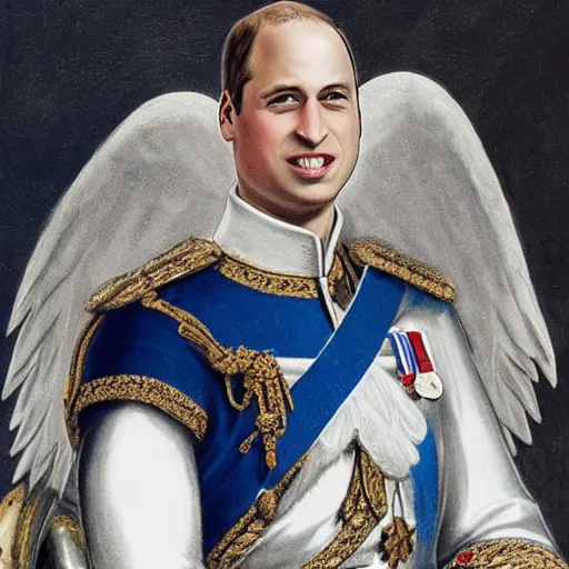 Image similar to prince william, duke of cambridge wearing knight's armor with heavenly angels surrounding him