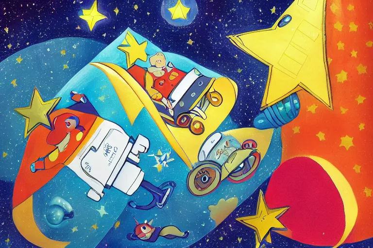 Image similar to riders to the stars, children's book illustration, beautiful