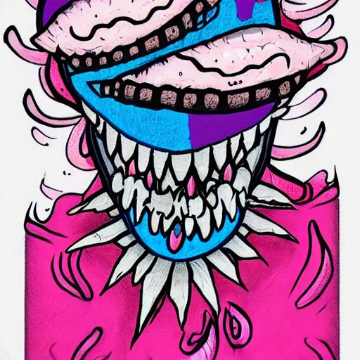 Image similar to laughing insane eyes mouth mask pink ice cream, blue waffle cone, jester themed, intricate concept art, thick line drawing, 1 9 8 3 action painted book cover art