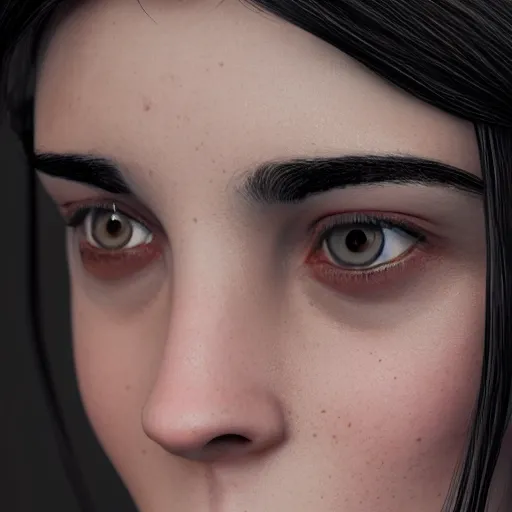Prompt: a close up of a person with black hair, a character portrait by Eve Ryder, cgsociety, photorealism, unreal engine 5, unreal engine, prerendered graphics