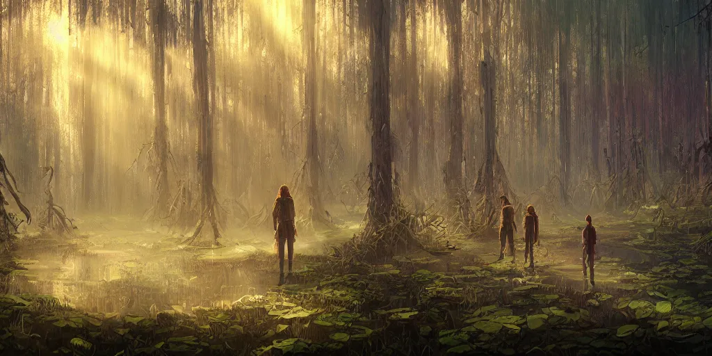 Image similar to reed - people in futuristic spiritual mystical post apocalyptic swampy forest in kazahstan drawn by ron gilbert, dim painterly volumetric aquatic lighting, scenic, beautiful, crisp, artstation, highly detailed