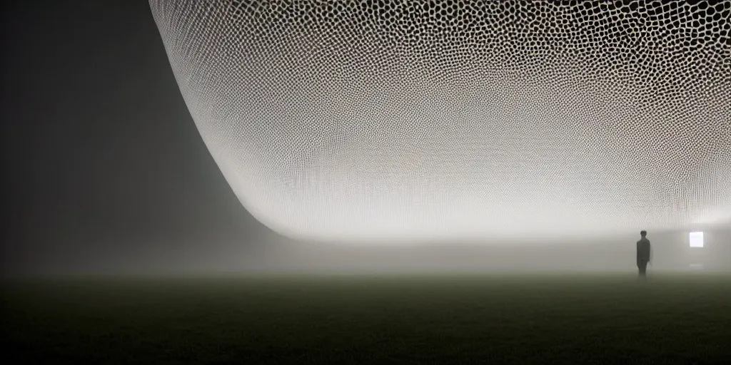 Image similar to white honeycomb organic illuminated building with warm illumination inside by kendall buster sits on the field evening atmosphere in low fog, 4 k, insanely quality, highly detailed, film still from the movie directed by denis villeneuve with art direction by zdzisław beksinski, telephoto lens, shallow depth of field
