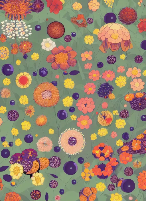 Image similar to multiverse of flowers, garden flowers pattern, berries, dragonflies, garden dwarfes by satoshi kon and greg rutkowski, 7 0's vintage sci - fi flat design