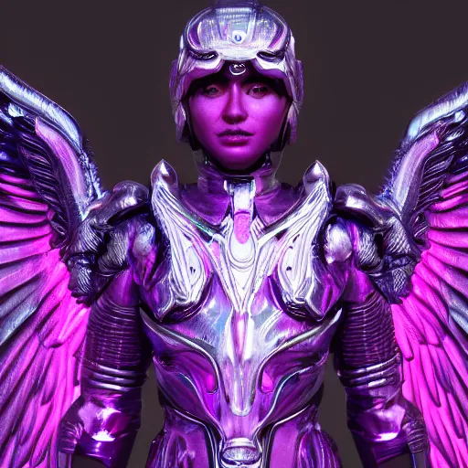 Image similar to a photo of 8 k ultra realistic archangel with 6 wings, full body, intricate purple and blue neon armor, ornate, cinematic lighting, trending on artstation, 4 k, hyperrealistic, focused, high details, unreal engine 5, cinematic